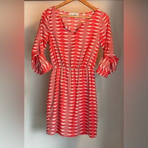 Sketchbook Dress 3/4 Sleeve Red and Light Grey Geo Print Size Sm